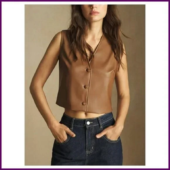 PU Leather Button Up Vest Crop Top Sleeveless Waistcoat - Picture 5 of 6